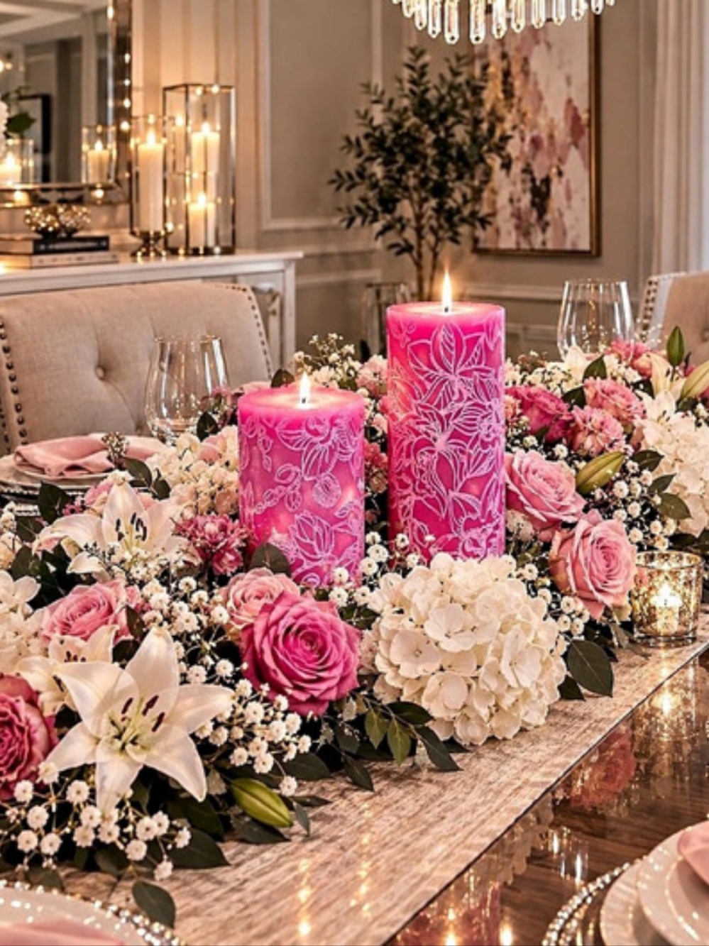 Set Of 2 Pink Floral Candles